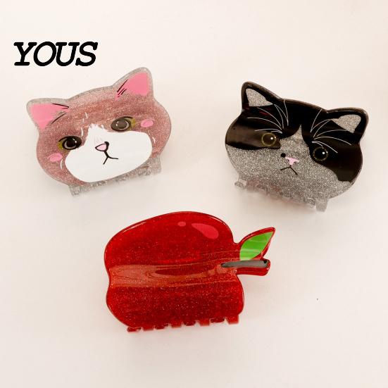 Strong Grip Hair Claw for Women, Anti-Slip Tooth Clip with Grip, 3D Cat Half-up Red Fruit Design Back Head Claw, Pearlescent Glitter