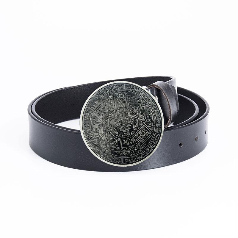 Glossy Whole Cowhide Belt, Zinc Alloy Ancient Tin Aztec Calendar Belt, Retro Large Size Pure Leather Belt.