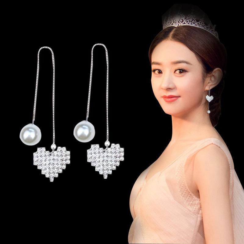 Brincos Longos Coreanos de Prata S925 Agulha Estrela & Lua Folha Trevo para Mulheres