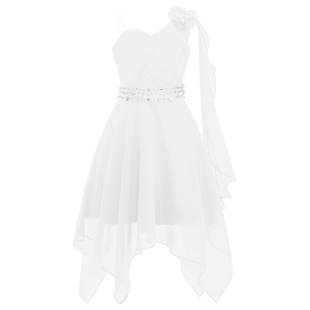 Girls One Shoulder Sleeveless Flower Girl Dress Kids Ruched Applique Pageant Wedding Bridesmaid Dresses