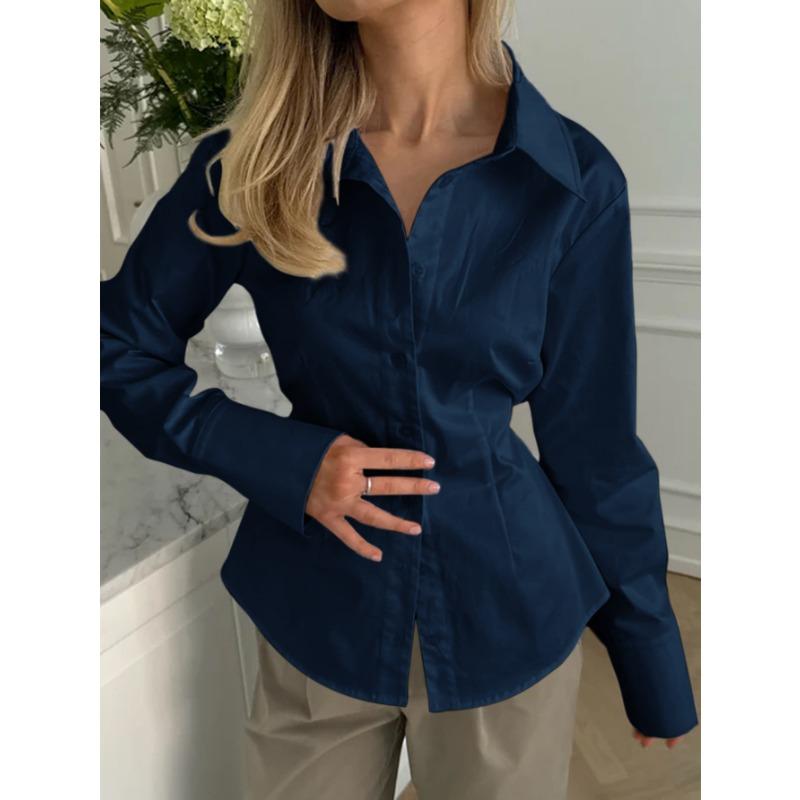 French Women's Resort Style POLO Collar Long-sleeved Single-breasted Waisted Versatile Cardigan Shirt