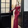Premium 2026 Long-sleeved New Sensual Fashion One-word Red Mesh Dress Shoulder Niche Dress Long Dress