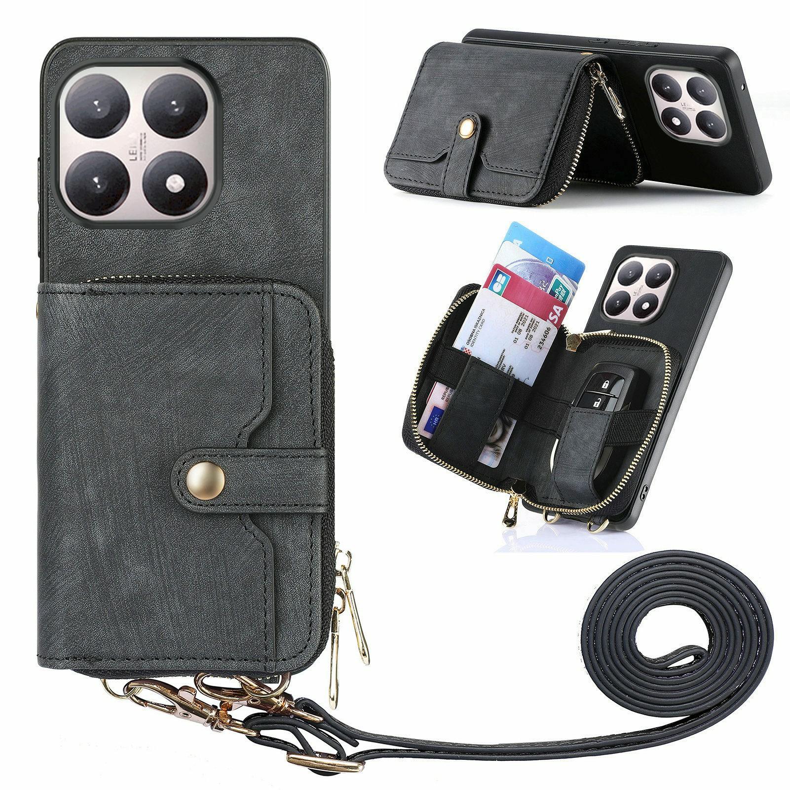 

For Xiaomi 15T PU Leather Phone Back Cover with Zipper Card Holder and Long Strap