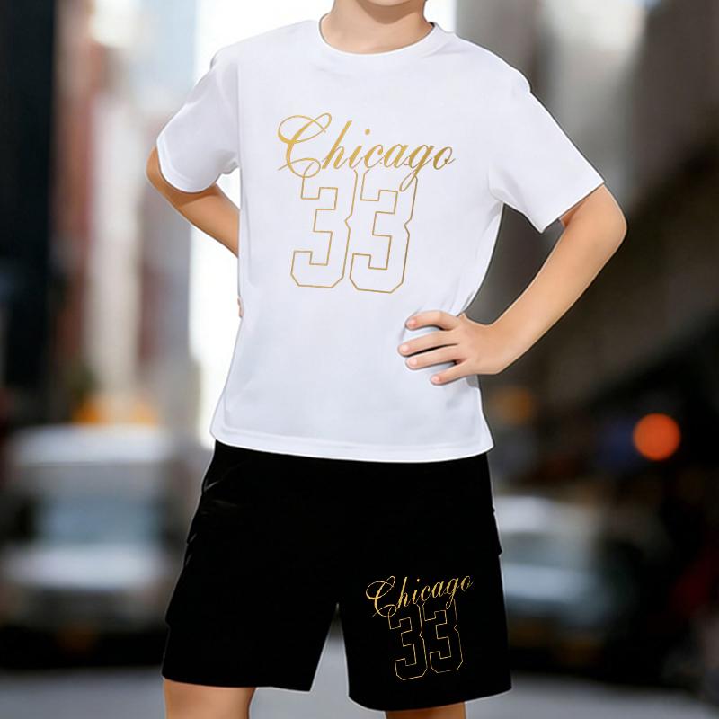 

Boys 2 Piece Chicago letter printed outfit, Short Sleeve T-Shirt and Shorts Set for Kids Age 5-14,Black,White Sporty Casual Summer Clothes 13-14 Years