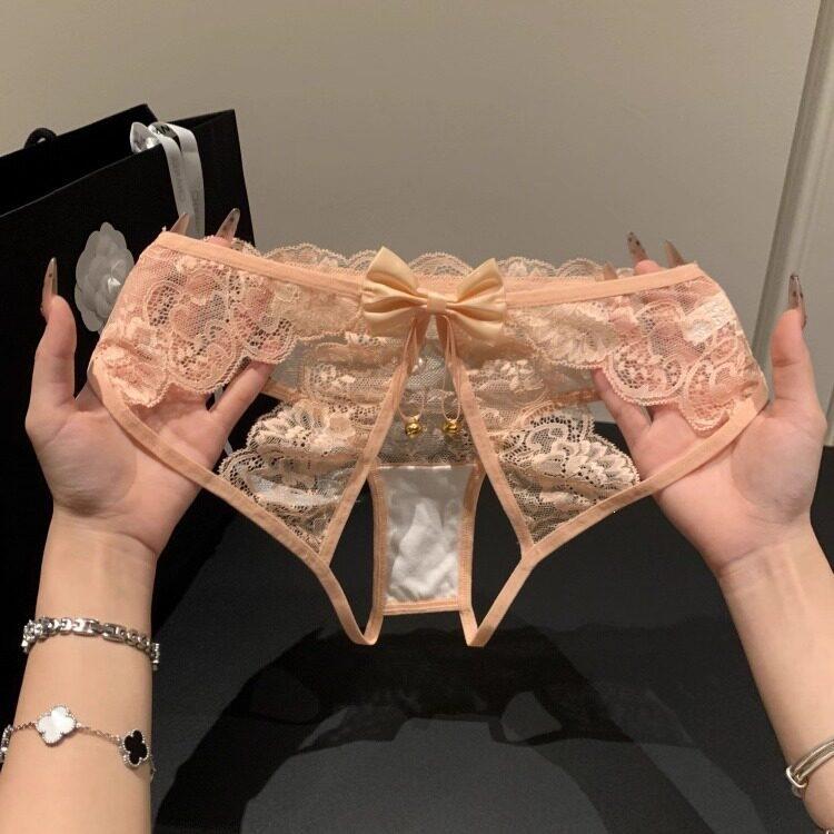 Lady Summer New Style Pure Desire Sexy Lace Bell Hollow Open Crotch Free Take Off Triangle Briefs