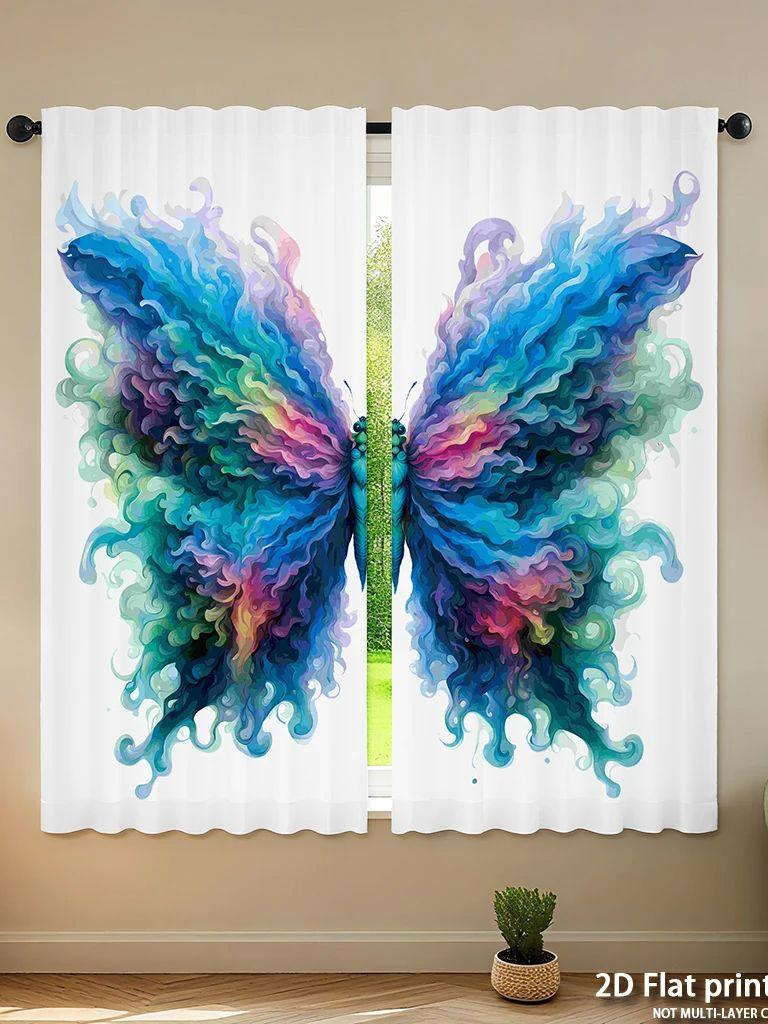Piece Set High Definition Digital Printed Curtainscolorfulflowingbutterflyartstyleforrodcurtainshome Decoration Style Curtain Polyester