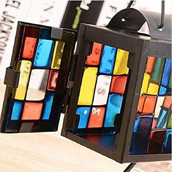 Morningplace Nordic Candle Stand Holder Antique Hanging Hook Stained Glass Grid Design Interior (Black)