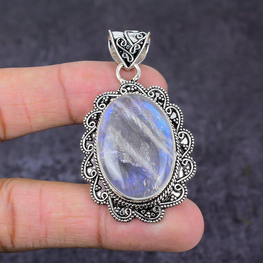 Natural Crystal Quartz Gemstone Handmade 925 Sterling Silver Pendant 2.36" w7t23