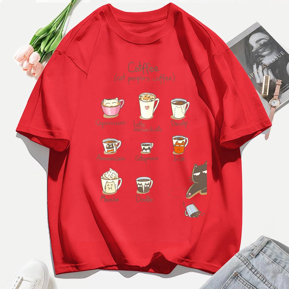 Cat People'S Coffee Illustration Printing T-Shirt Woman Summer Cotton T Shirts Y2K Soft Comfortable Top Unisex Hip Hop Clothes