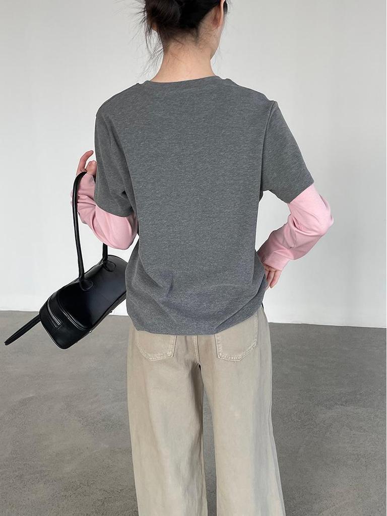 Taoguan Frühling Damen Schlankmachendes Rundhals-T-Shirt mit kleinem Pferdeaufdruck Two-in-One