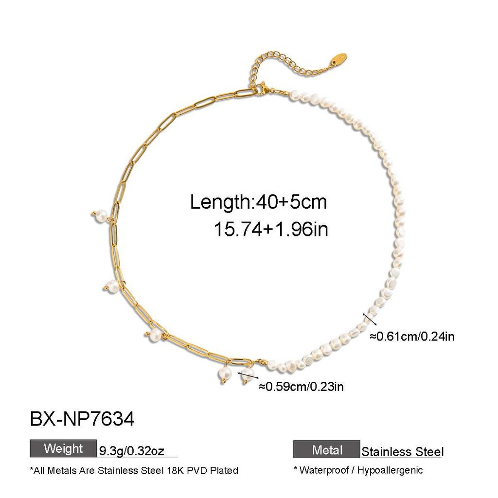 Retro Freshwater Pearl & Chain Necklace with Beads, Stainless Steel Clavicle Chain, Trendy European & American Style