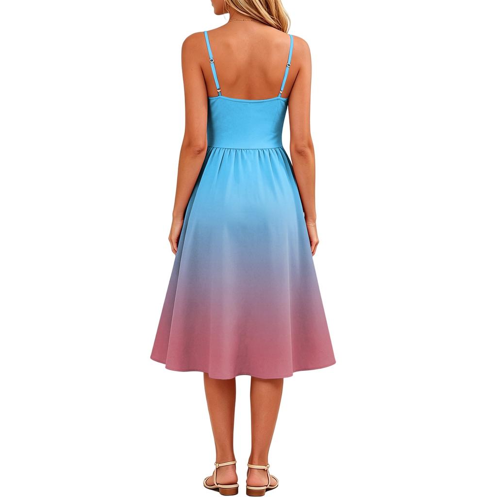 Women's Sleeveless Adjustable Strap Dress with Gradient Print Casual Pocket Midi Dress Summer Fashion Lightweight
