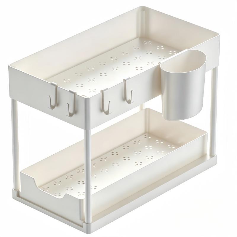 

Double-Tier Pull-Out Kitchen Storage Rack - Sliding Cabinet Basket for Kitchen Bathroom Countertops Sinks білий