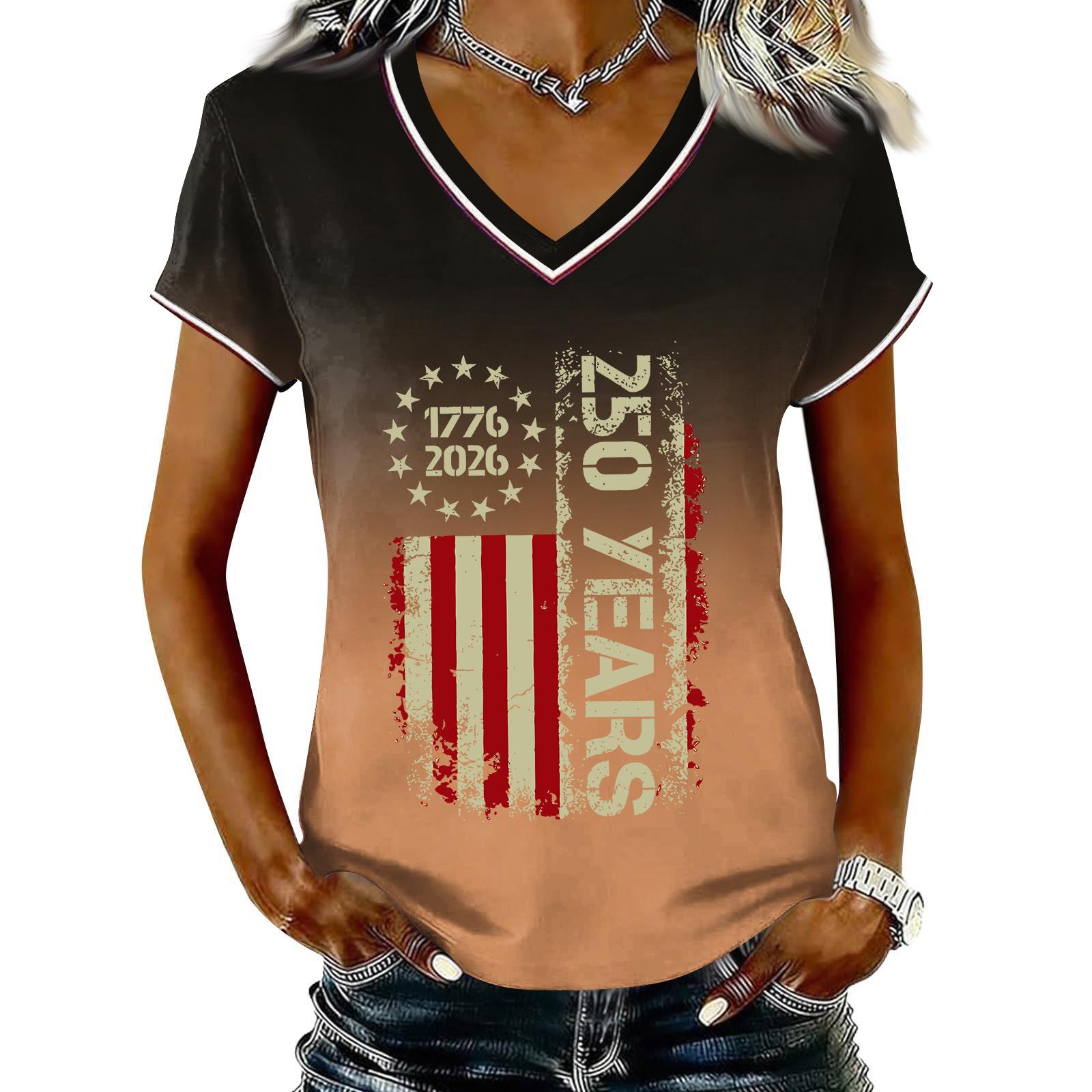 

Womens Casual V Neck Short Sleeve Pullover T Shirt Gradient Print Independence Day Graphic Top Lightweight Comfortable Fit XXL