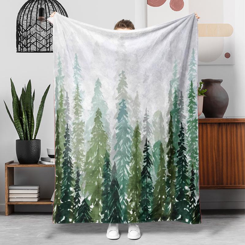 1pc Green Forest Pattern Flannel Blanket, a Lightweight And Soft Throw, Perfect As a Gift Blanket for Family And Friends