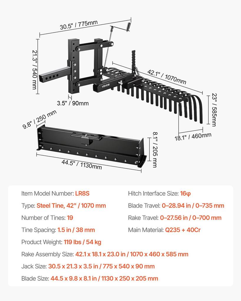 106.7cm Tow Behind Landscape Rake, 3-Point Lawn Rock Rake with Blade & Lift Lever, Fit Category 1 ATVs UTVs Lawn Tractors, Heavy Duty Dethatcher Rake