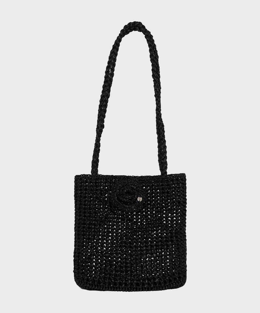Slowslowly Camellia Handmade Crochet Raffia Shoulder Bag _ Black