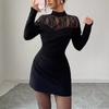 Herbst Winter Spitze Patchwork Bodycon Mini Kleid Damen Langarm Stehkragen Partykleid