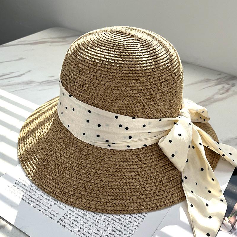 Polka Dot Bow Webbing Fashion Straw Hat Spring and Summer High-end Versatile Travel Sun Protection Hat Sunshade Face Small Lantern Hat