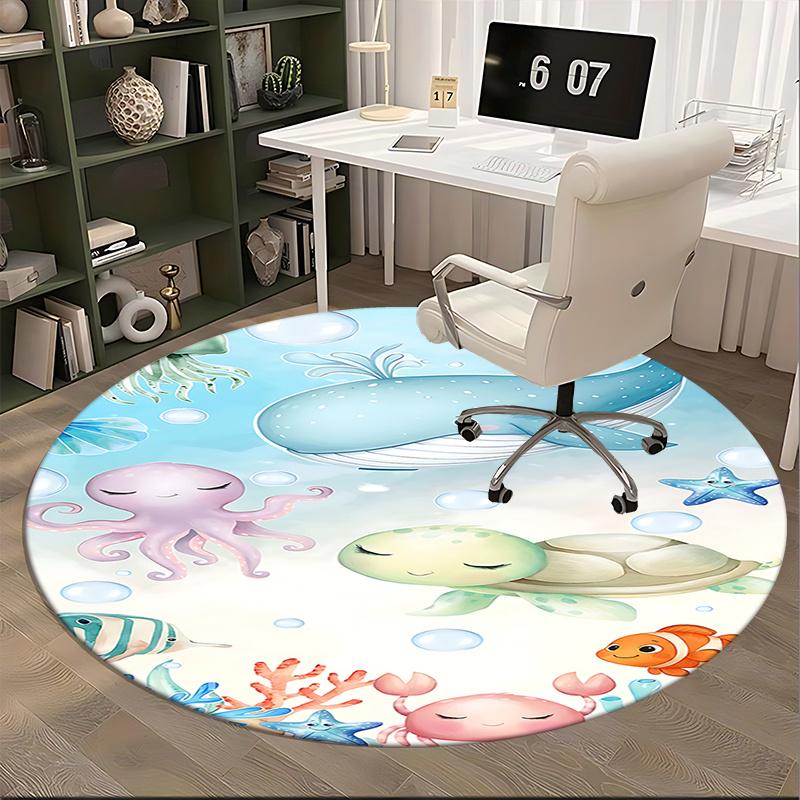 Underwater Adventure Chair Mat - Round Carpet for Home Decor, Office Use, and Gifts - Cute Ocean Animal Design Suitable for Bedrooms