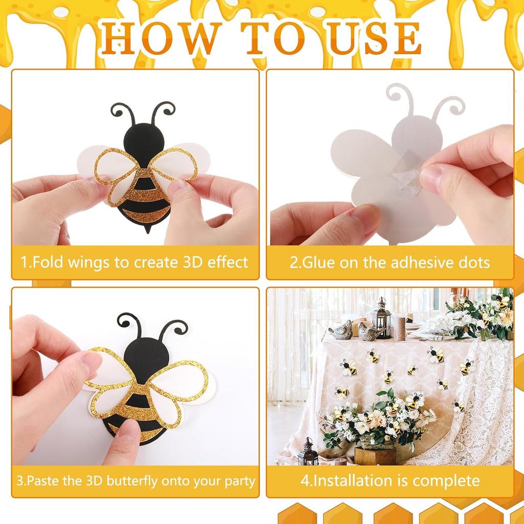 30 Pcs 3D Bee Decoration 5 Sizes Honey Bumble Wall Sticker Decor for Classroom Large Glitter Bee Themed Decals Confetti Cute Adhesive Birthday Baby