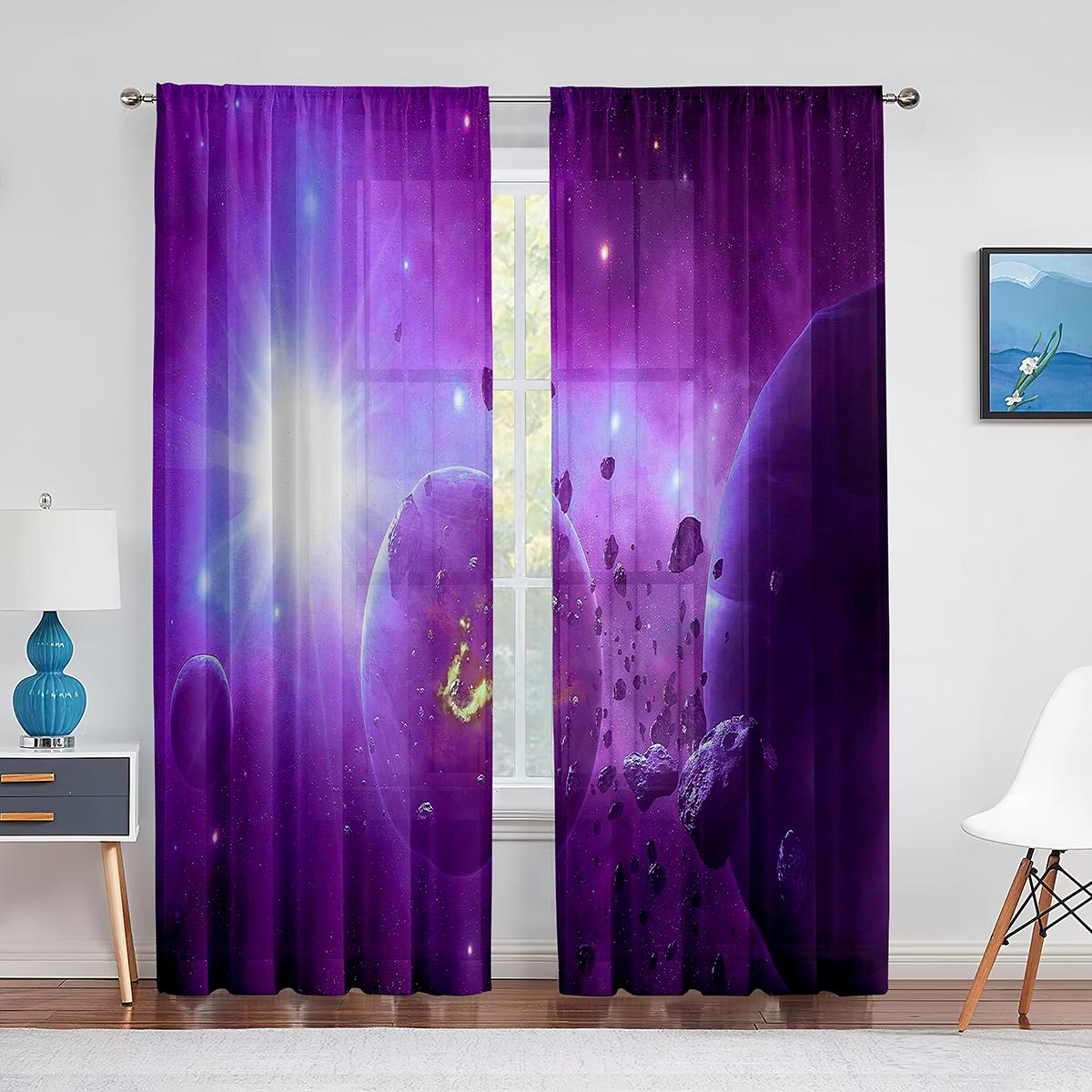 Тюлевые шторы с фиолетовым цветком и полем одинокого дерева — фото 7