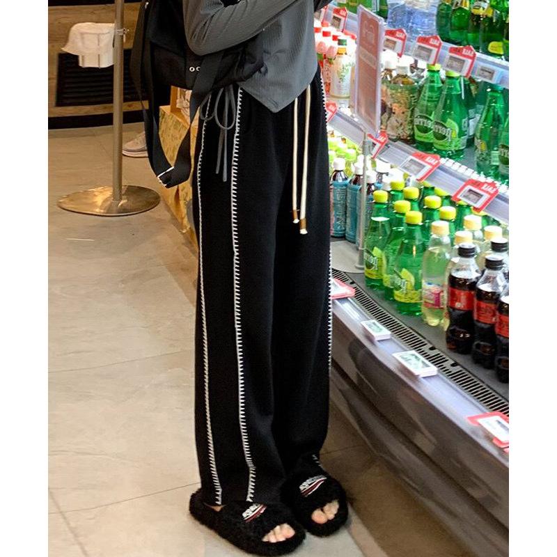 Women's Plus Size Black High Waist Wide Leg Sports Pants - Early Autumn Casual Loose Fit with a Slimming Effect