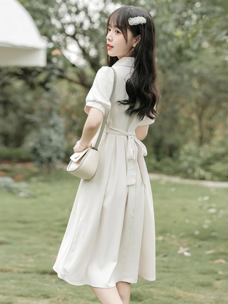 Summer New POLO Collar Waist Small Short-sleeved Dress Women's Bow Teaching Interview Medium and Long Dress