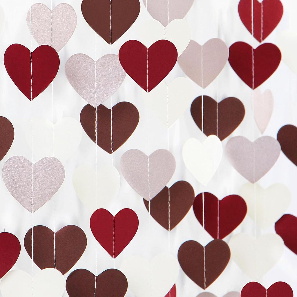 Rose-Gold Pink Burgundy-Red Party-Decorations Garland - 52Ft Heart Paper Streamers Banner, Valentines Mothers Day Bachelorette Bridal Shower