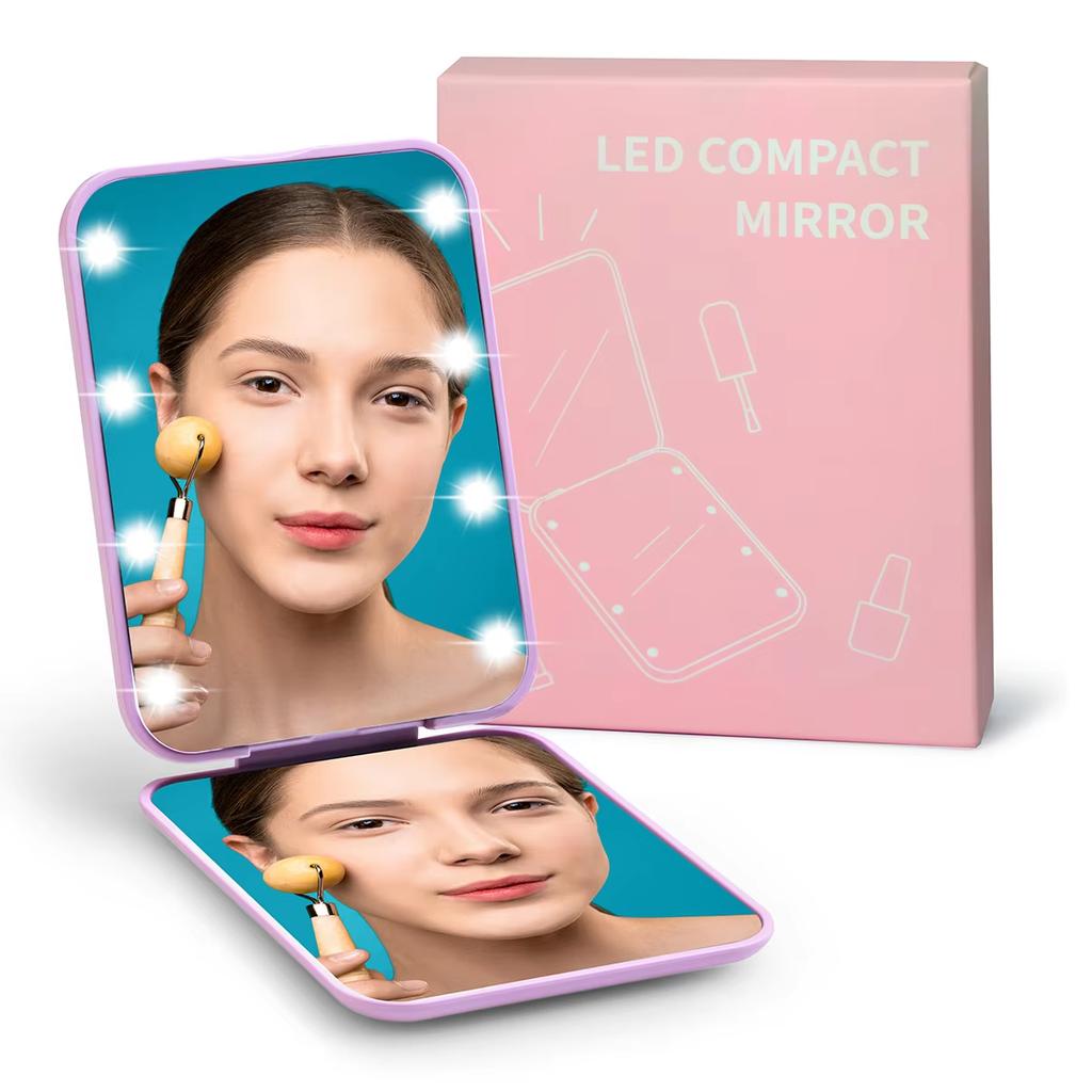 Girl's Gift Promotional 2X Magnifying Plastic Small Pocket Mini Led Lighted Vanity with Mirror for Night Use