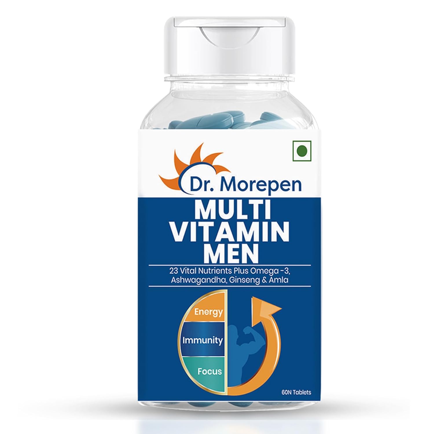

Dr. Morepen Multivitamin For Men With 23 Nutrients And Herbal Extracts For Daily Energy Strength Immunity And Vitality Support