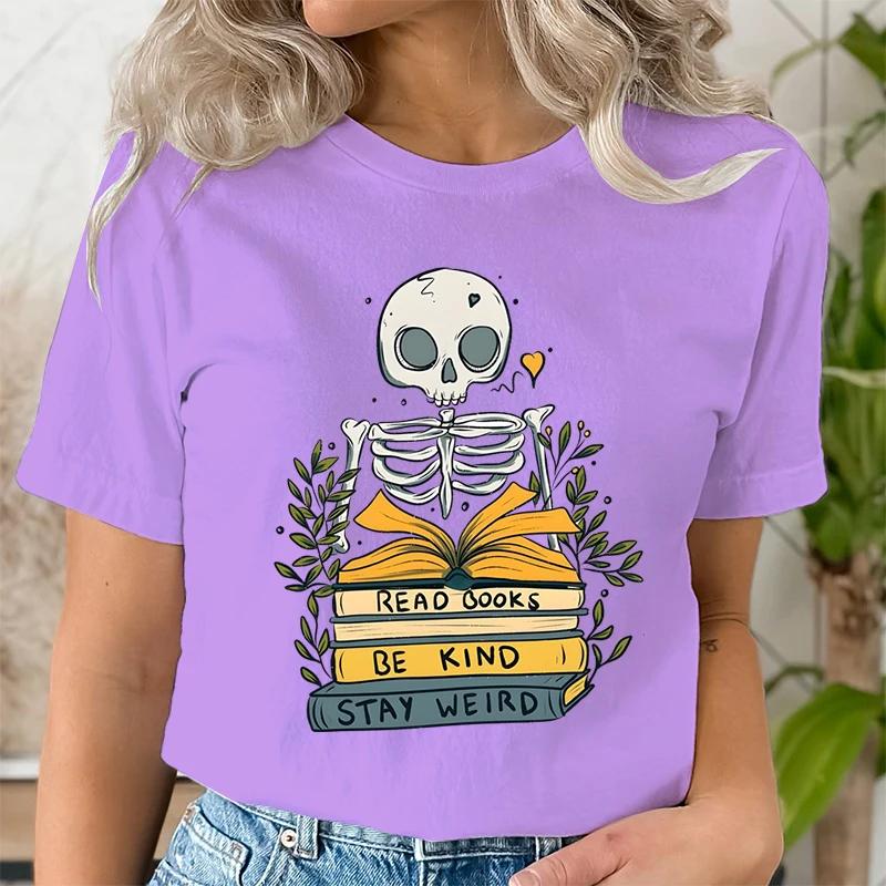Read Books De Kind Stay Weird Tshirts Women Retro Skull Skeleton Tshirt Short Sleeve Oneck Shirt Bookworm Book Lover T Shirt