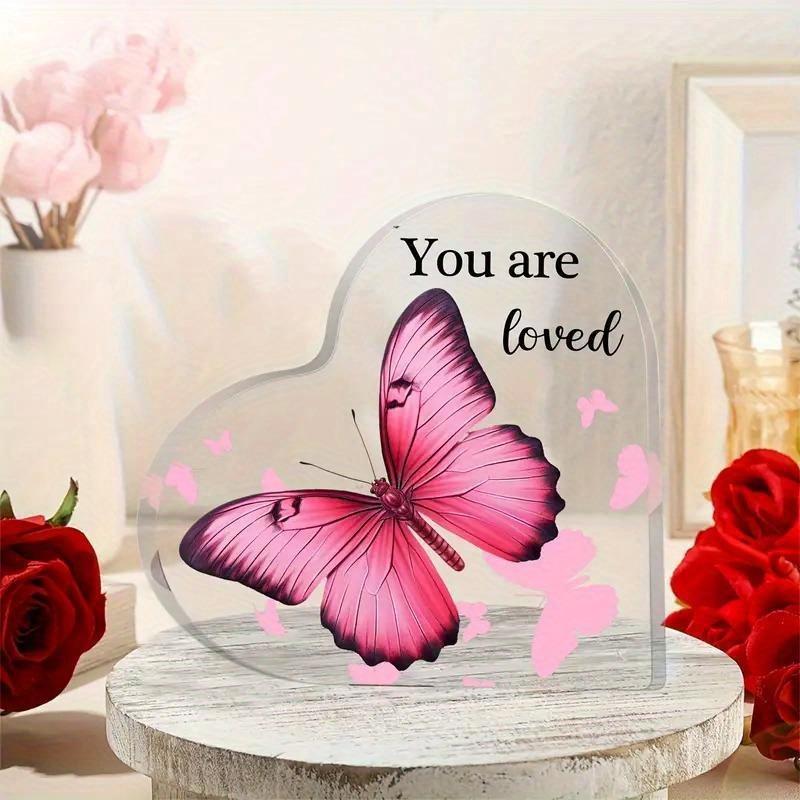 "You Are Loved" Butterfly Heart Acrylic Plaque - Pink Butterfly Design, Keepsake for Home or Office Decor, Perfect Birthday, Holiday, or Party Gif