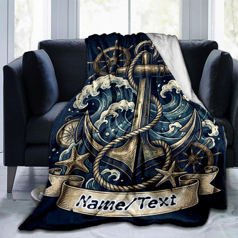 1PC Custom Name Nautical Anchor Adventure Outdooor Flannel Blankets Throw Blanket All-Season Throw Gift Bedspread for Couch, Bed, Camping Holiday Birt
