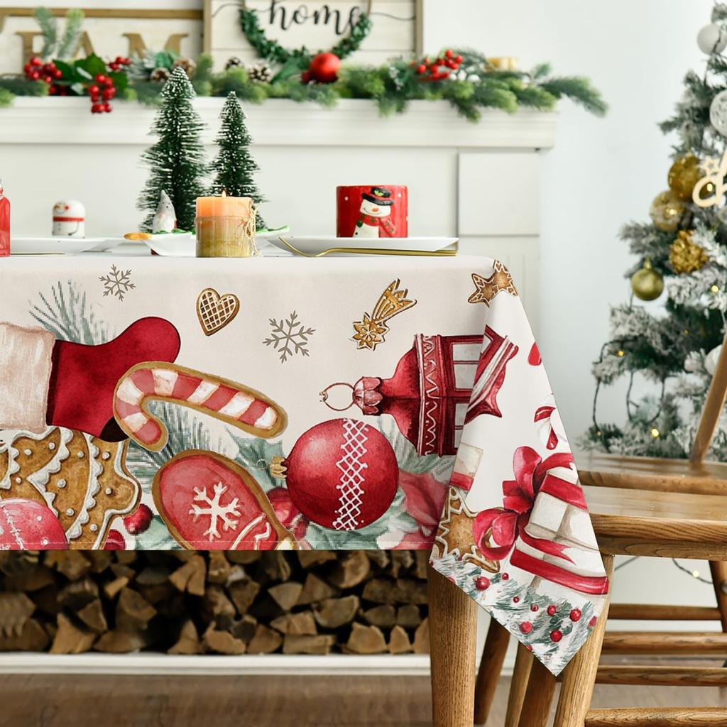 Christmas Poinsettia Gingerbread Tree Waterproof Tablecloth Table Decor Winter Kitchen Dining Tablecloth Christmas Decorations