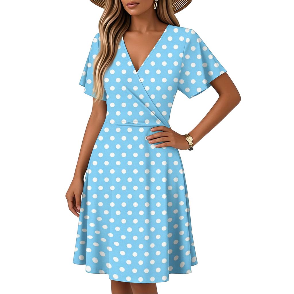 Women’s Flare-Sleeve Short-Sleeve Casual Dress Polka-Dot Printed V-Neck Dress