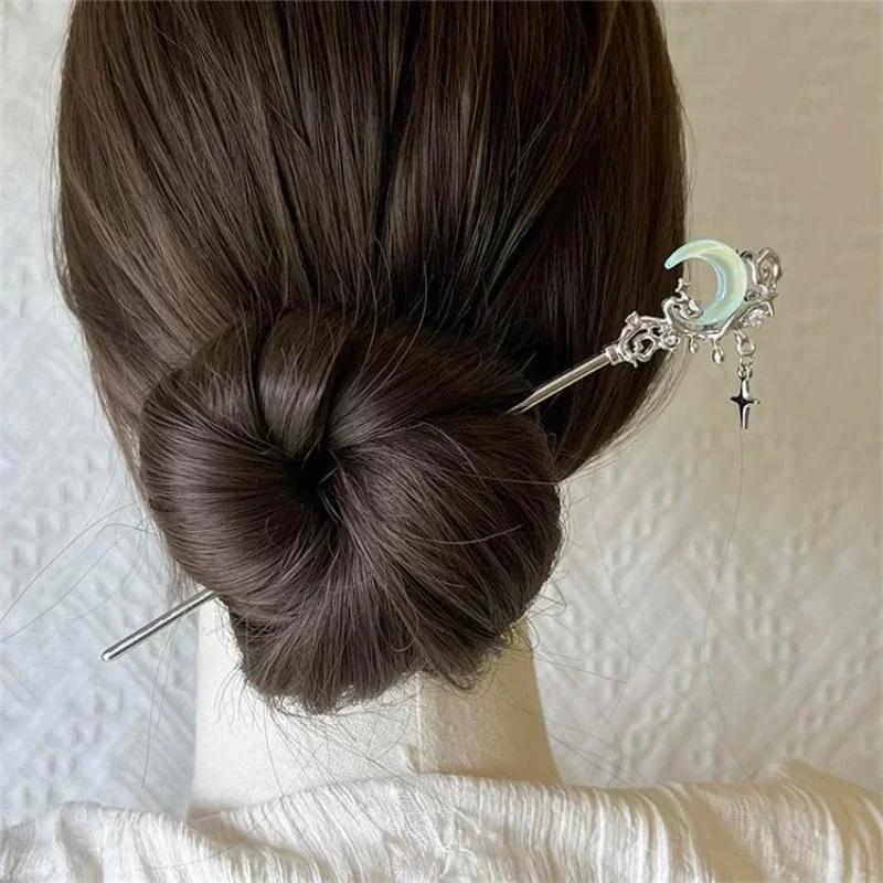 Bastoncini per capelli vintage con stella e pietra di luna, per donne, stile cinese, con nappe a croce, bacchette per capelli, accessori per capelli