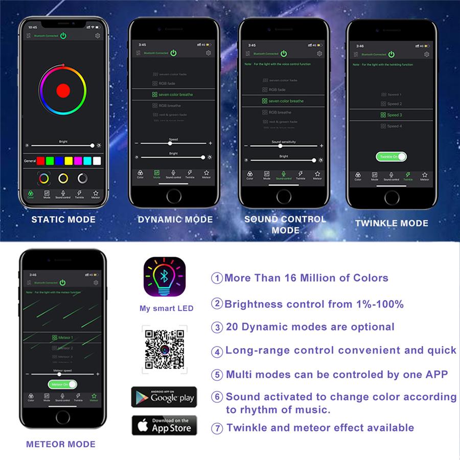 Fiber Optic Light Bluetooth app Control 6W RGBW Ceiling Stars Lights kit 0.75mm 300pcs 2M Cable with 1mm 60pcs 2M Shooting Meteor Effect