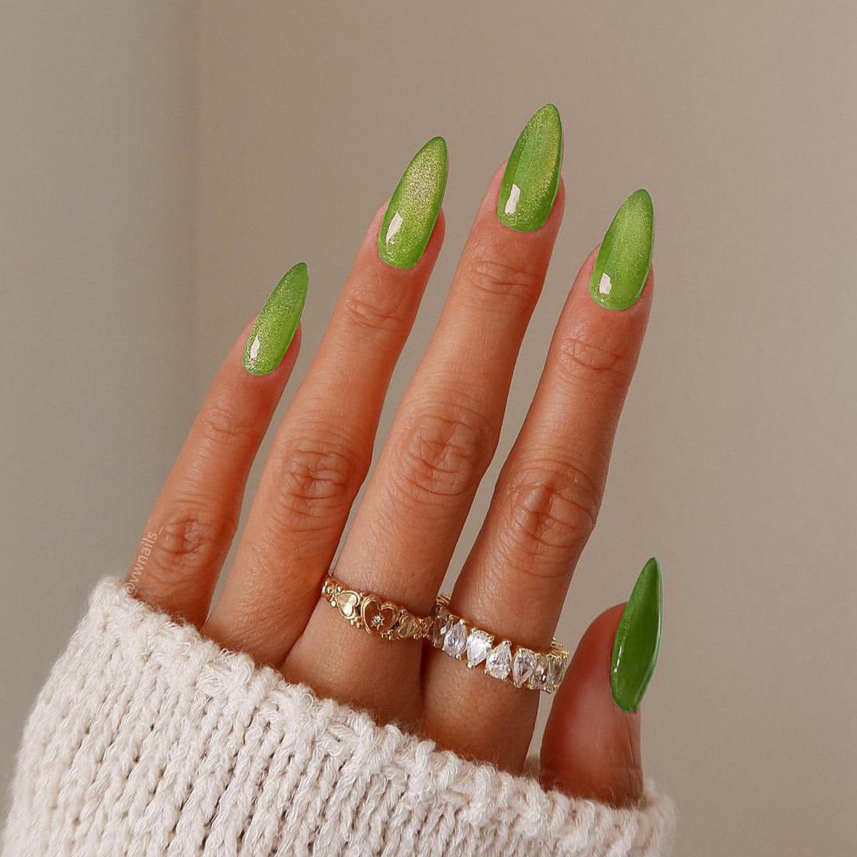 

Best-Selling Green Cat Eye Press-On Nails - French Manicure Style