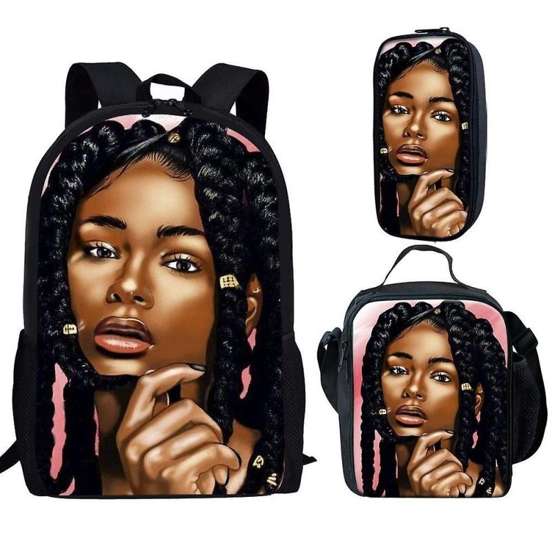 2023 African Girl Backpack 3pcs/set Students Boys Girls Schoolbag Pen Bag Lunch Bag Fashion Feminina Notebook Backpack