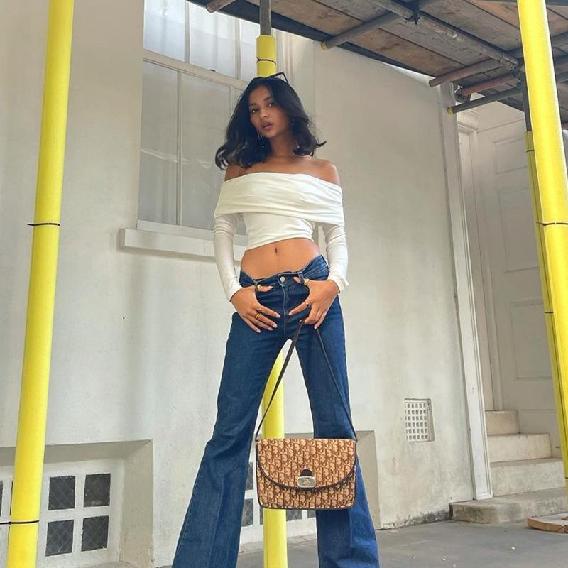 Elegantní ženy Sexy Tričko s vypnutým ramenem Jarní Dlouhý rukáv Slim Fit Crop Top Y2K Vintage Harajuku Bílá trička Elegantní dámské oblečení