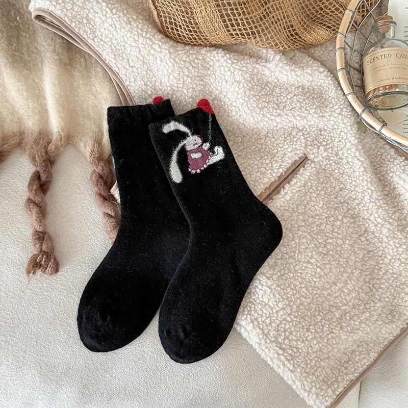 Design Wool Socks Cute Rabbit Contrast Color Coral Velvet Balloon In The Tube Women'S Socks To Keep Warm