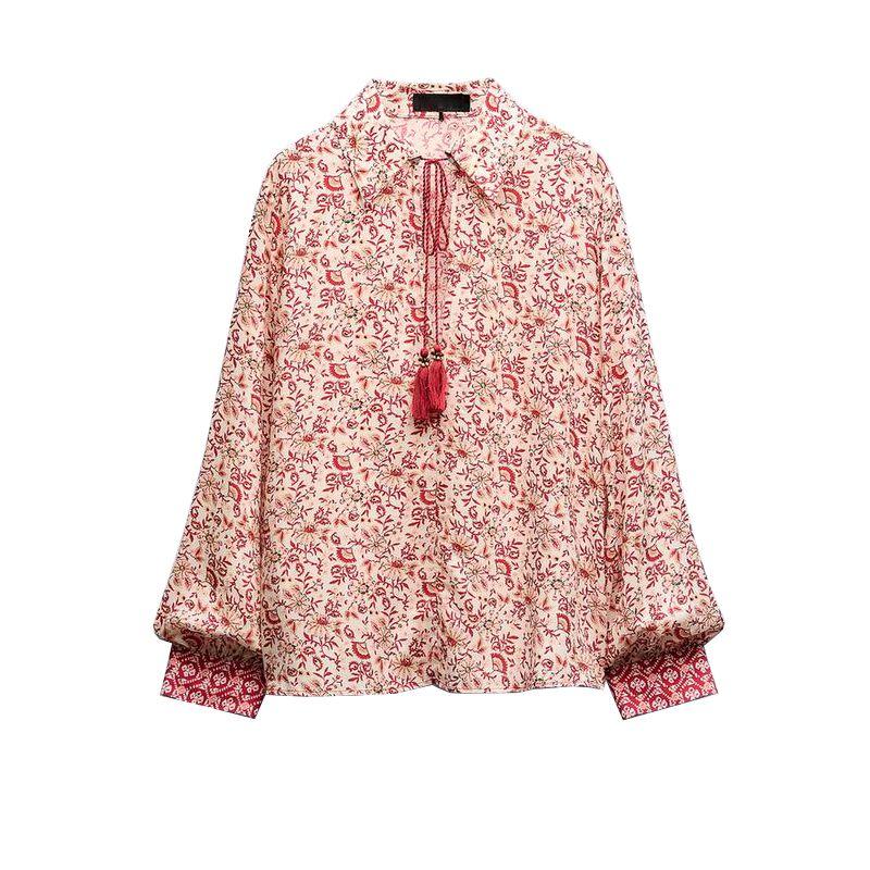 

Spring and Summer New Holiday Flower Print Shirt 9878104 Elastic Waist Self-Tie Dress 9878103 Top L