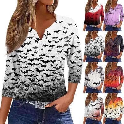 Damski Modny Casualowy T-Shirt z Dekoltem V i Rękawem 7/8, Top z Nadrukiem i Guzikami