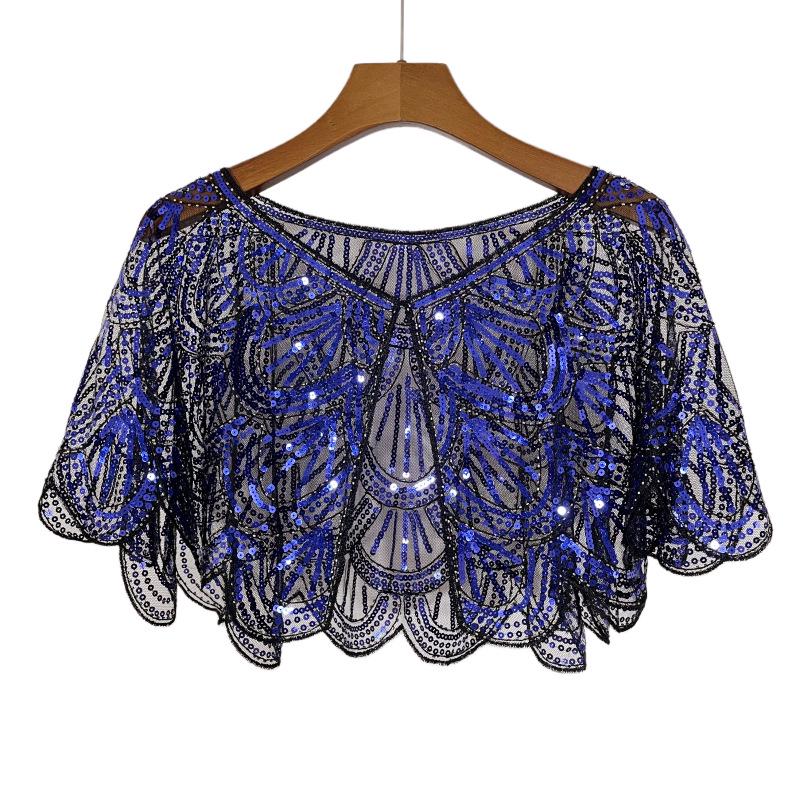 

Универсальная кружевная шаль с бисером, сетчатая, с пайетками, короткий вечерний болеро-кардиган чёрный/синий