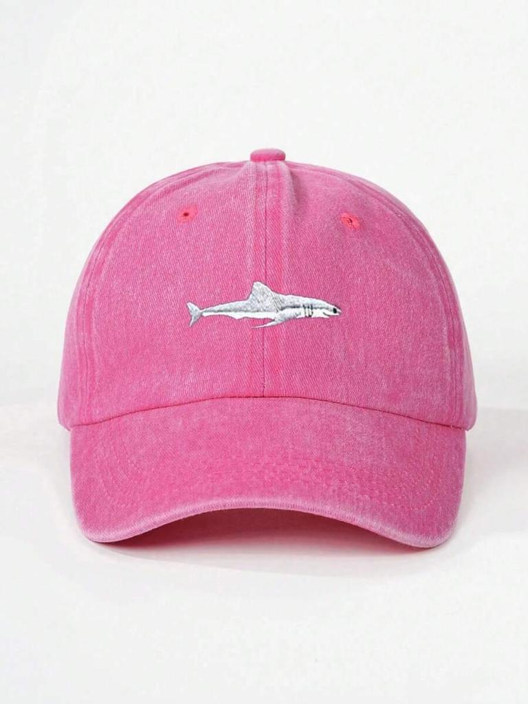 Washed Cotton Baseball Cap With Shark Embroidery, Adjustable Casual Dad Hat For Adults