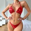 New Sexy Lingerie Set Patent Leather Leather Latex Bra Panty Underwear Set Three -point Bikini Costumes Female  Bra Thong Set