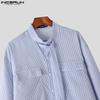 INCERUN Two Pieces Men Stand Neck Striped Long Sleeve Shirts Short Pants Casual Sets