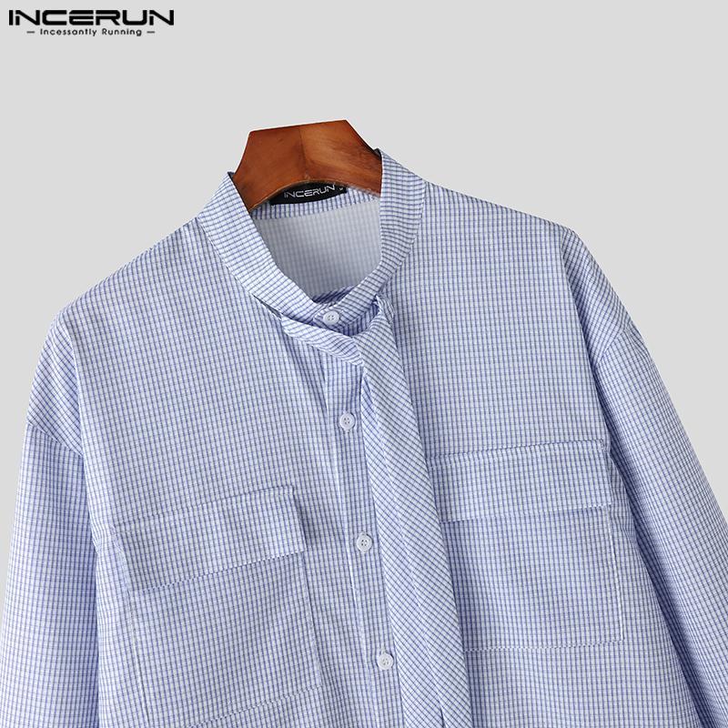 INCERUN Two Pieces Men Stand Neck Striped Long Sleeve Shirts Short Pants Casual Sets