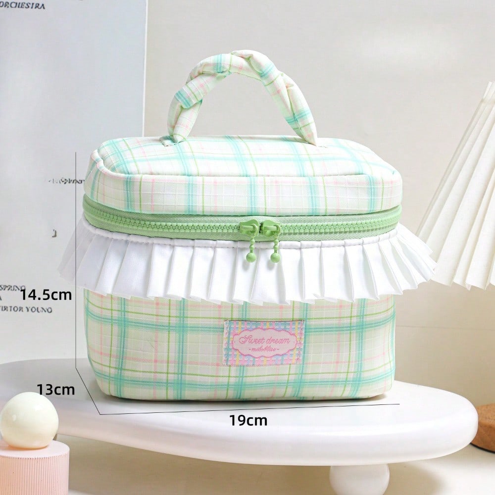 Twist Portable Cosmetic Bag, Pleated Lace Storage Bag, Color Matching Plaid Toilet Bag.